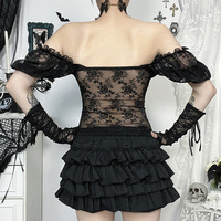 Gothic Black Lacy Off-shoulder Corset Top - Thumbnail 2