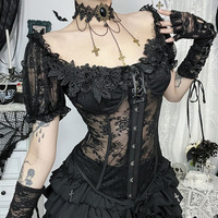 Gothic Black Lacy Off-shoulder Corset Top - Thumbnail 1