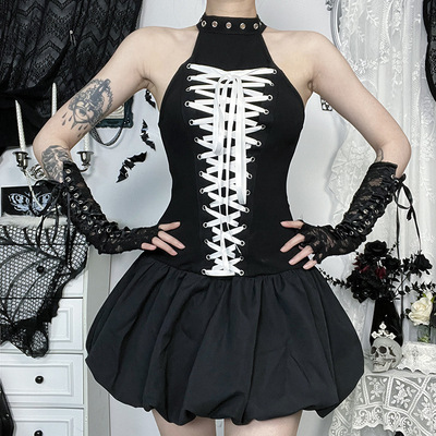 Gothic Lace Up Black Halter Dress
