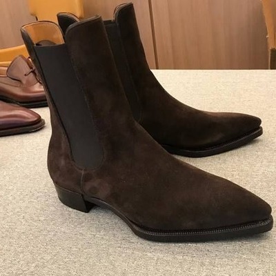 Handmade men brown suede leather chelsea dress ankle boot - Thumbnail 2