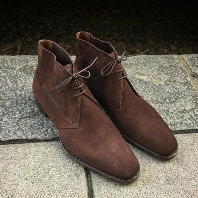 Handmade men brown suede leather chukka lace up dress boot - Thumbnail 1