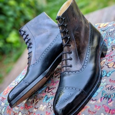 Handmade men black calf leather ankle high boot - Thumbnail 2
