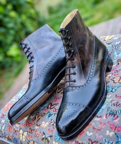 Handmade Men Black Calf Leather Ankle High Boot
