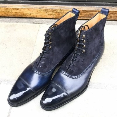 Handmade men blue patina suede leather ankle high lace up dress boot - Thumbnail 1