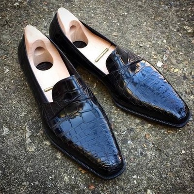 Handmade men black crocodile/alligator leather dress shoes - Thumbnail 1