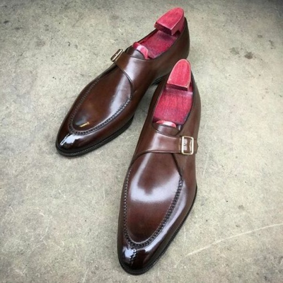 Handmade Men Brown Calf Leather Monk Strap Dress Shoes