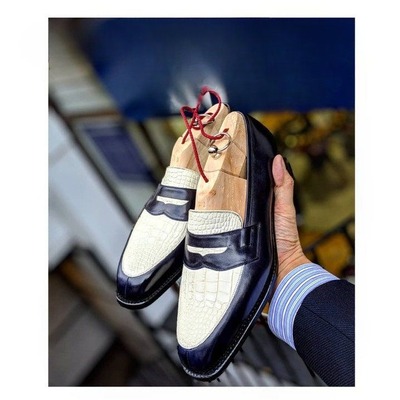 Handmade men blue calf white crocodile leather moccasin alligator dress formal loafers shoes - Thumbnail 3