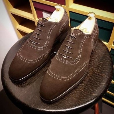 Handmade men brown suede leather oxford lace up dress shoes - Thumbnail 1