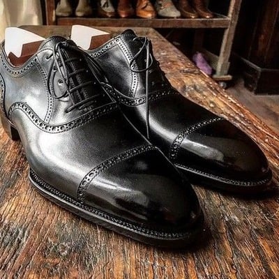 Handmade men black calf  leather dress shoes - Thumbnail 3