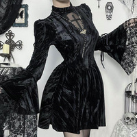 Gothic Black Velvet Flare Sleeve Dress - Thumbnail 1