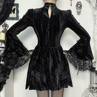 Gothic Black Velvet Flare Sleeve Dress - Thumbnail 5