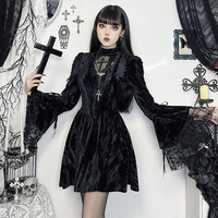 Gothic Black Velvet Flare Sleeve Dress - Thumbnail 6