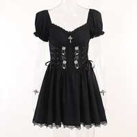 Gothic Black Rosa Embroidered Flare Dress - Thumbnail 6