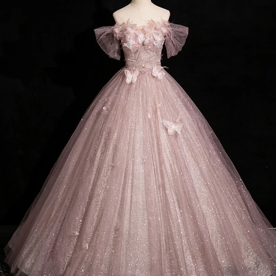 Beautiful pink tulle long a-line prom dress with flowers - Thumbnail 1