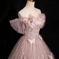 Beautiful Pink Tulle Long A-Line Prom Dress with Flowers - Thumbnail 5