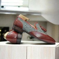 Men's Handmade Burgundy Tweed Leather Loafer Shoes - Thumbnail 2