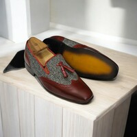 Men's Handmade Burgundy Tweed Leather Loafer Shoes - Thumbnail 5