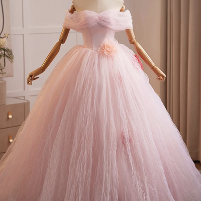 Pink tulle off the shoulder prom party dress - Thumbnail 1
