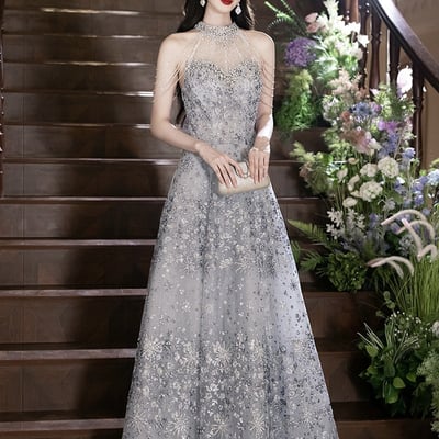 Elegant gray tulle sequins long prom party dress - Thumbnail 1