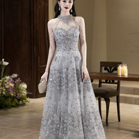 Elegant Gray Tulle Sequins Long Prom Party Dress - Thumbnail 1