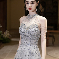 Elegant Gray Tulle Sequins Long Prom Party Dress - Thumbnail 5