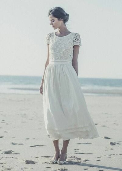 Simple A Line Lace Tea-length Wedding Dress Bridal Gown Wedding Gown