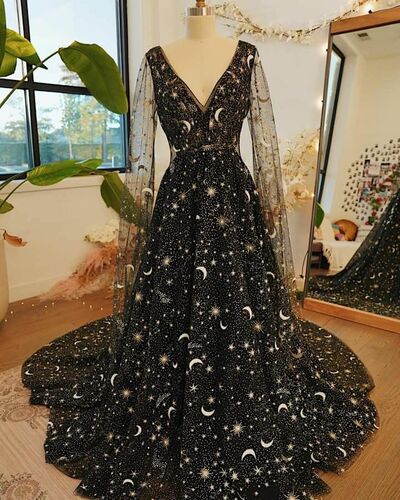 Black A Line Long Sleeve Stars Lace Wedding Dress Bridal Gown Wedding Gown