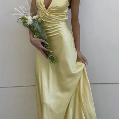 Elegant yellow v neck backless prom dresses