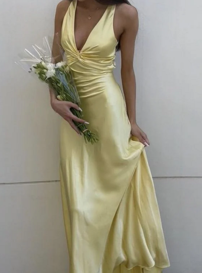 Elegant Yellow V Neck Backless Prom Dresses