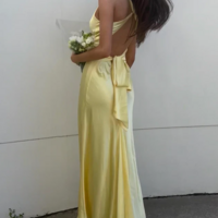 Elegant Yellow V Neck Backless Prom Dresses - Thumbnail 1