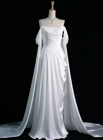 Off Shoulder White A-Line Long Formal Prom Dresses