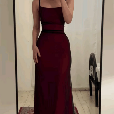 Spaghetti straps sheath burgundy tulle party dresses