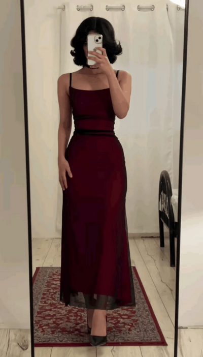 Spaghetti Straps Sheath Burgundy Tulle Party Dresses