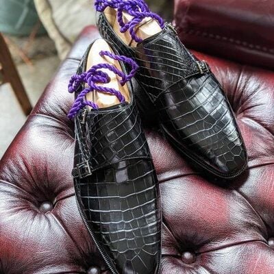 Handmade men black crocodile leather monk strap dress shoes - Thumbnail 2