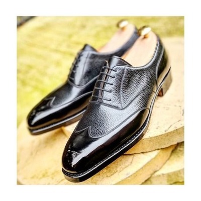 Handmade men black calf grain leather wingtip oxford lace up dress shoes - Thumbnail 2
