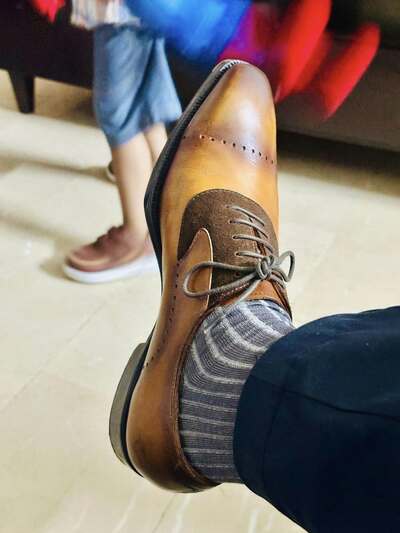 Hand Stitch Brown Tan Finishing Oxfords Lace Up Shoes For Men's