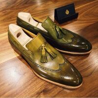 Olive Leather Skin Handmade Wingtip Loafers Moccasin Shoes For Mens - Thumbnail 1
