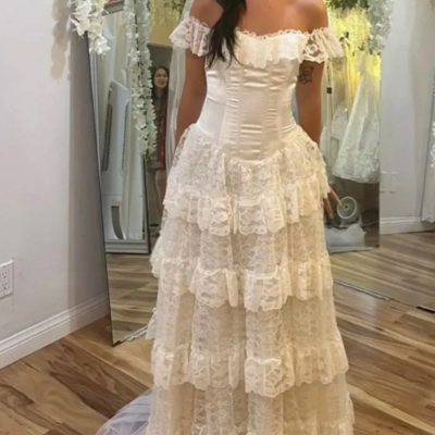 Off the shoulder a line lace long layered formal prom dresses - Thumbnail 1