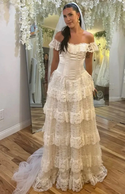 Off The Shoulder A Line Lace Long Layered Formal Prom Dresses