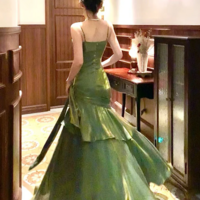Mermaid Spaghetti Straps Olive Green Long Prom Dresses - Thumbnail 1
