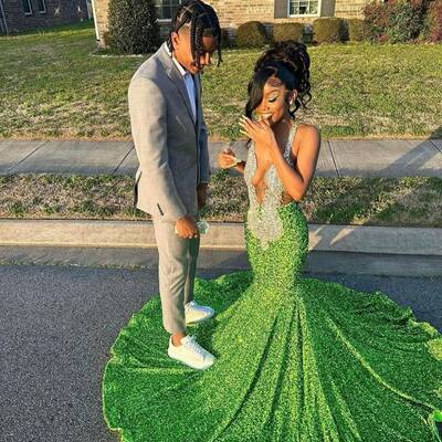 Green mermaid sequins beading crystals african girls prom dress formal evening dresses