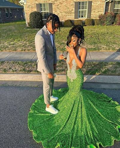 Green Mermaid Sequins Beading Crystals African Girls Prom Dress Formal Evening Dresses
