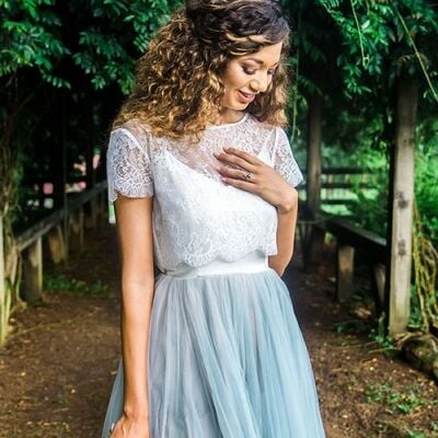 Blue two pieces tulle bridal gown wedding dress