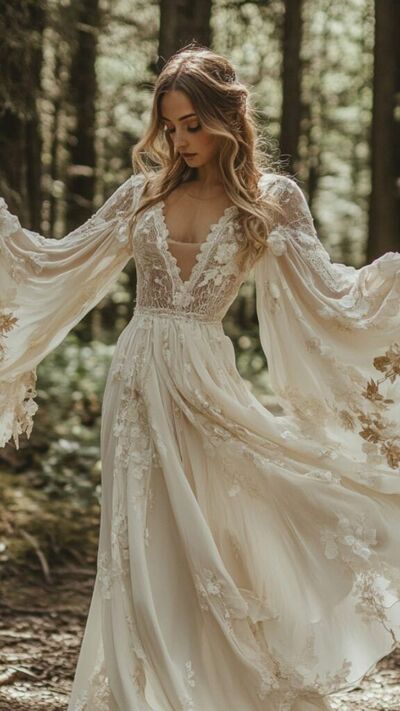 Bohemian Lace Forest Wedding Gown Bridal Gown Wedding Dress