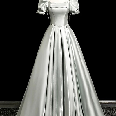 Gray green satin long prom dress, a-line short sleeve party dress - Thumbnail 1