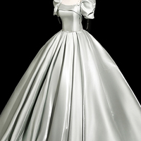 Gray Green Satin Long Prom Dress, A-Line Short Sleeve Party Dress - Thumbnail 1