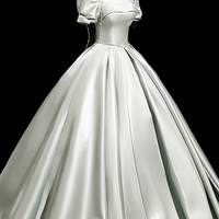 Gray Green Satin Long Prom Dress, A-Line Short Sleeve Party Dress - Thumbnail 2