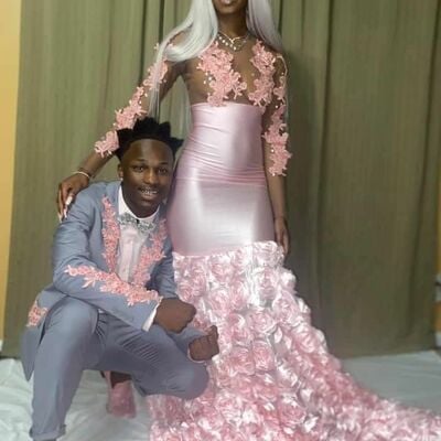 African girls pink mermaid lace prom dress formal evening dresses