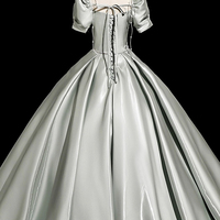 Gray Green Satin Long Prom Dress, A-Line Short Sleeve Party Dress - Thumbnail 3