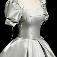 Gray Green Satin Long Prom Dress, A-Line Short Sleeve Party Dress - Thumbnail 4